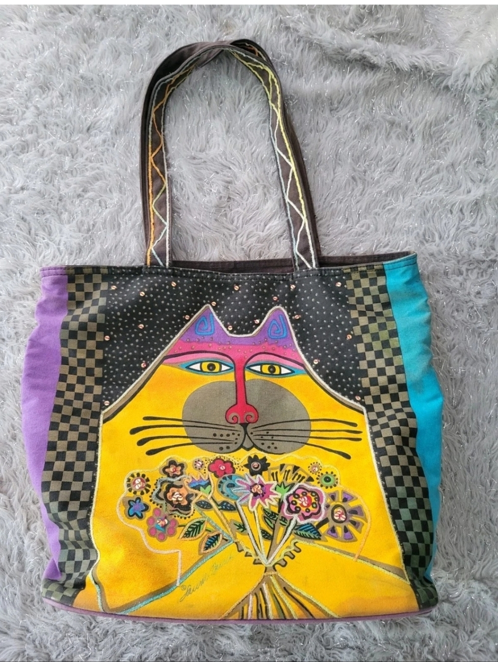 Vintage Laura Burch Cat Canvas Tote Flowers Bag Hippie Fairy Cottagecore Festiva